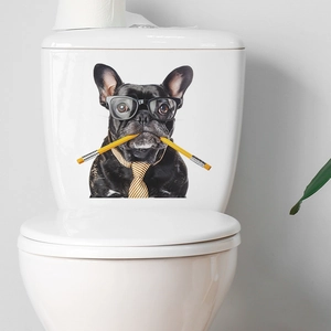 Sticker mural bouledogue français avec lunettes et cravate pour décor de WC