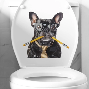Autocollant de Toilettes Rigolo Bouledogue Français avec Lunettes et Cravate PVC Imperméable Mural Animal 3D Décoration de Bain