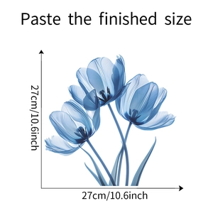 Detailed size specifications for watercolor blue tulip wall decals with dimensions