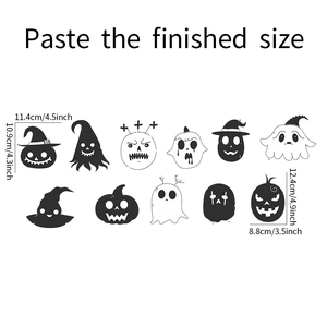 Detail view of Halloween wall stickers set with pumpkin and ghost silhouette dimensions