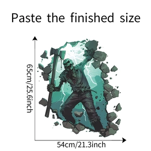 Macro detail of zombie wall sticker with dimensions showing 65cm height and 54cm width