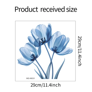 Detail showing the 29cm square size of blue tulip floral wall decal stickers