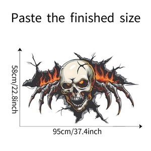 Detail view of 95x58cm 3D Halloween skull and flame decal with size dimensions