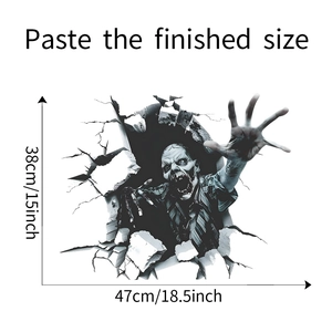 Detailed view showing the dimensions of the 3D horror zombie wall decal for Halloween decoration
