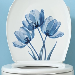 Blue watercolor tulip toilet seat lid decal sticker for bathroom home wall decoration