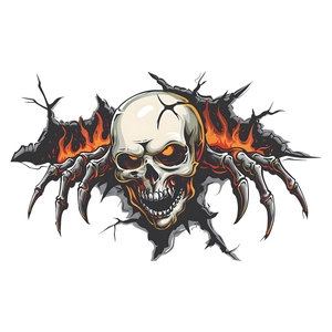 Halloween wall sticker featuring a realistic skull bursting through cracks with orange flames