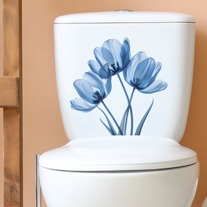 Watercolor Blue Tulip Flower Toilet Sticker PVC Waterproof Removable Bathroom Decal Art Style Home Decor Toilet Lid Sticker