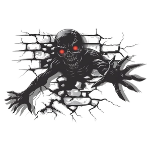 Spooky 3D wall sticker featuring a black skeleton monster breaking through a brick wall