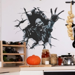 3D Halloween wall decal featuring a scary zombie breaking through a kitchen wall