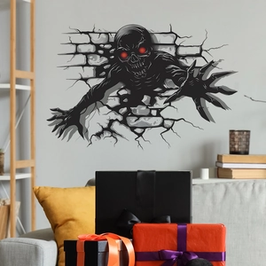 3D Halloween wall decal featuring a scary red-eyed monster breaking through grey brick walls