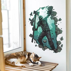 3D Halloween wall sticker featuring a zombie with an axe breaking through a white wall surface