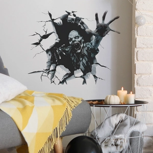 3D Halloween wall decal featuring realistic zombie bursting through wall for indoor decor