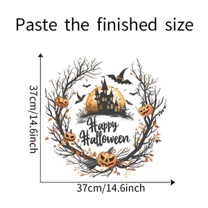Size specifications for Halloween wreath wall sticker with pumpkins and castle