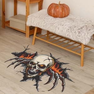 3D Halloween wall decal featuring a flaming skull breaking through the floor for home decor