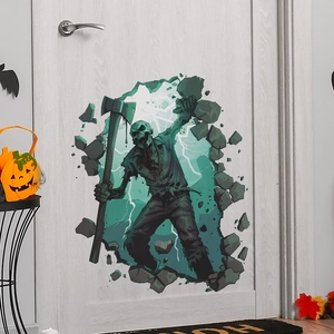 Macro detail of 3D Halloween wall sticker showing a scary zombie breaking through a door