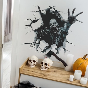 3D view of realistic zombie breaking through white wall for Halloween home decor