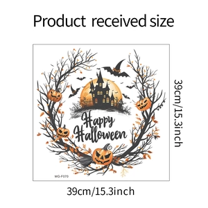 Detailed size layout of Halloween pumpkin wreath wall sticker with castle and bat designs