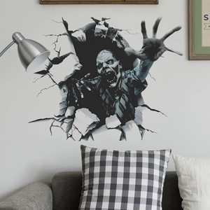 3D realistic zombie wall sticker breaking through wall for Halloween home decor