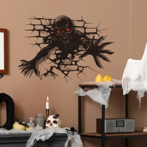 3D Halloween wall sticker showing a black demon monster emerging from a broken brick wall
