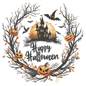 Halloween wall sticker with pumpkin wreath, bats, and haunted castle on white background