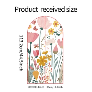 Detailed dimensions of arch flower wall stickers with pink and yellow floral patterns