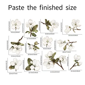 Detailed size guide chart showing dimensions for white pear flower wall sticker decals
