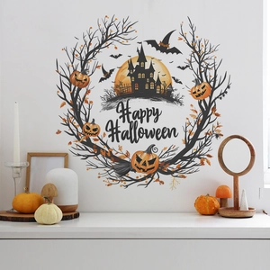 Happy Halloween Wall Sticker Pumpkin Haunted Castle Bat Wreath PVC Waterproof Festive Decal For Living Room Bedroom Holiday Home Decor