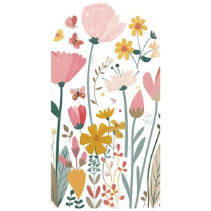 Arch wall decal with floral motifs and butterflies in matte pink and yellow tones