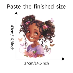 Detailed size chart showing 43x37cm dimensions for the cartoon girl and butterfly wall sticker