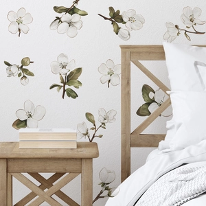 Fresh white pear blossom wall decals with green leaves for cozy living room decor