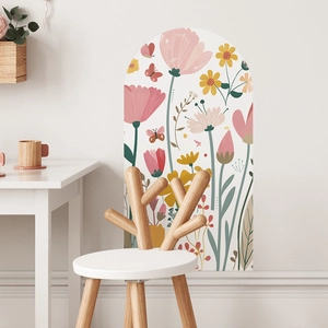 Detail of arch wall sticker with pink flowers and butterflies for nursery decor