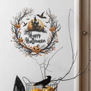 Halloween wall sticker with pumpkin wreath, castle, and bats on a white interior wall