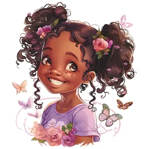 Cartoon smiling girl wall sticker with pink flowers and colorful butterflies for room decor