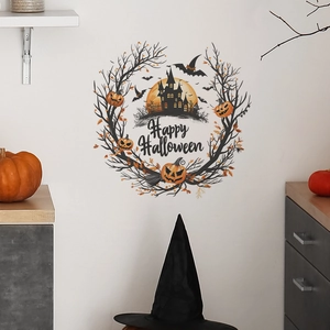 Halloween wall sticker with pumpkin wreath and haunted castle on white wall