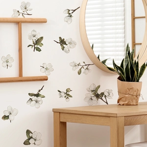 Artistic white pear blossom wall sticker with green leaves and brown branches for home decor