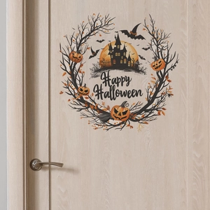 Detail of Happy Halloween pumpkin wreath wall decal with castle and bats on a door