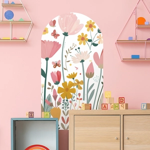 Arch wall decal with pink floral patterns and butterflies for kids room decor