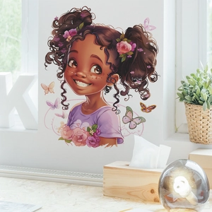 Detail of cartoon girl with curly hair wall sticker set for cozy bedroom decor