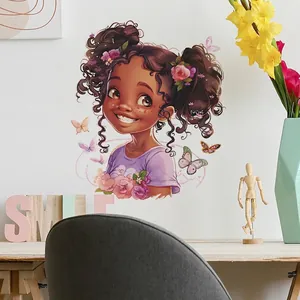 Cartoon girl wall sticker with colorful flowers and butterflies for nursery home decor