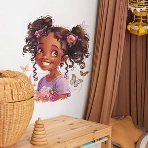 Cartoon girl wall sticker with butterflies and flowers for kids bedroom decoration