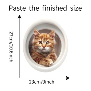 Detail view of 3D orange cat toilet sticker with dimensions 23x27cm for bathroom decor