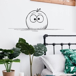 Minimalist apple line drawing wall sticker with cartoon eyes for modern bedroom decor