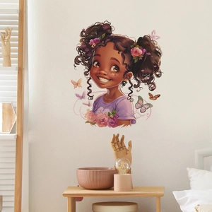 Cartoon girl wall sticker with pink flowers and butterflies for bedroom decoration