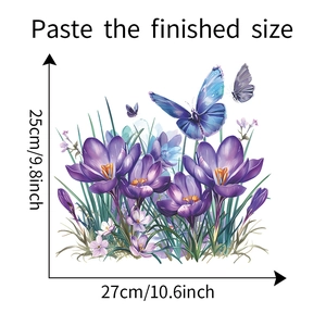 Detailed dimensions of butterfly and purple flower wall stickers for bathroom decor