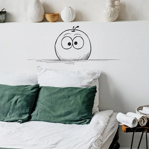 Minimalist cartoon apple wall sticker with big eyes on a white bedroom background wall