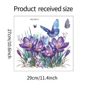 Detailed dimension layout of purple crocus flowers and blue butterflies wall sticker decal