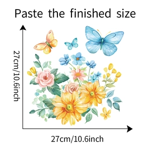 Detailed size chart for watercolor floral wall stickers featuring flowers and butterflies