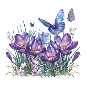 Watercolor purple crocus flowers and blue butterflies self-adhesive bathroom wall stickers