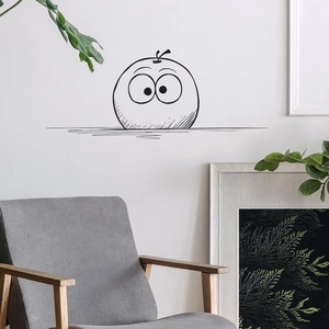 Minimalist hand-drawn apple wall sticker with cute eyes on a clean white interior wall
