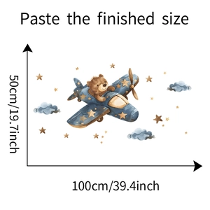 Cartoon bear flying plane wall decal with stars for kids bedroom decoration